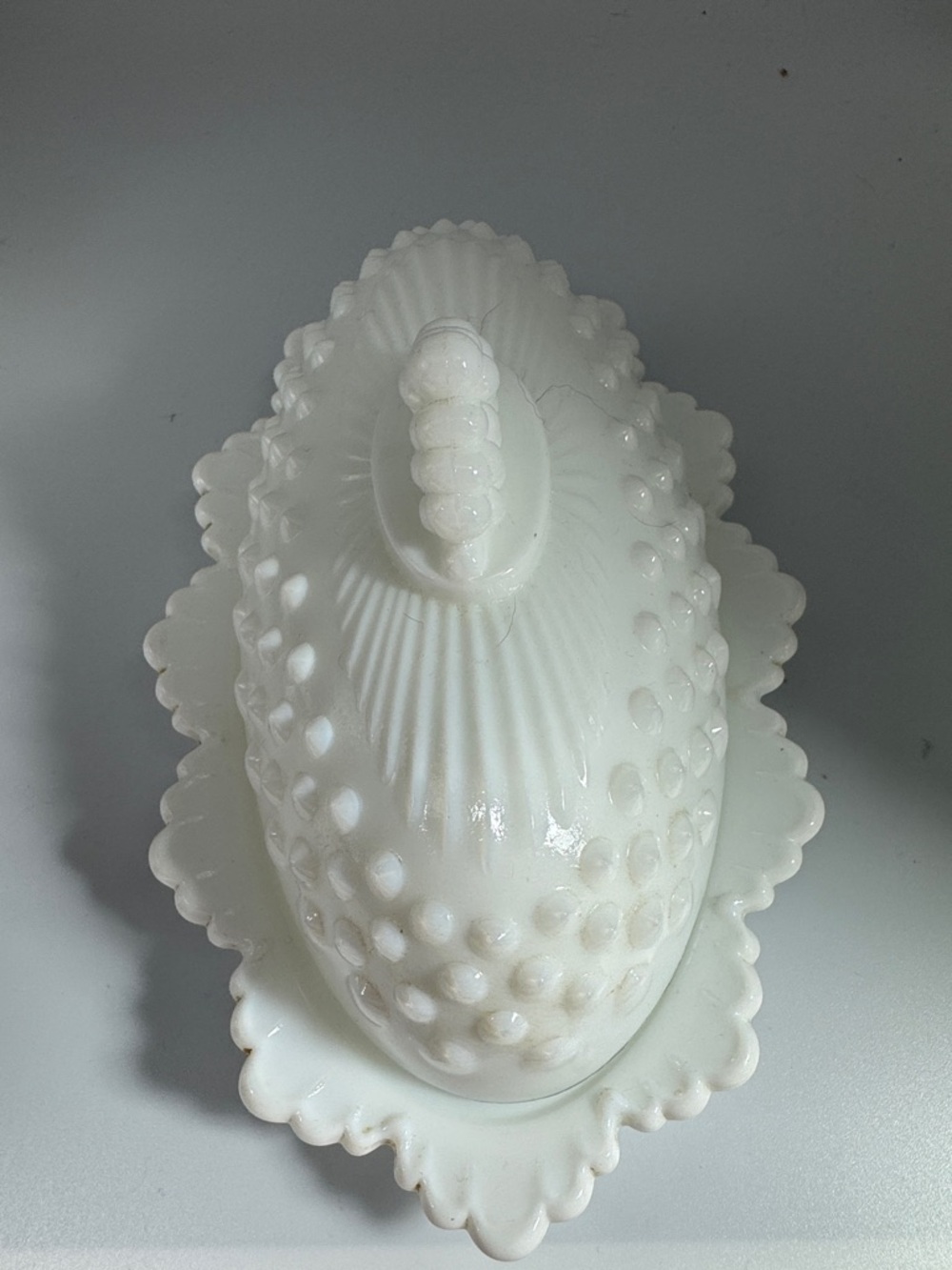 Fenton White Hobnail Covered Butter Dish with Scalloped Edge - Picture 2 of 7